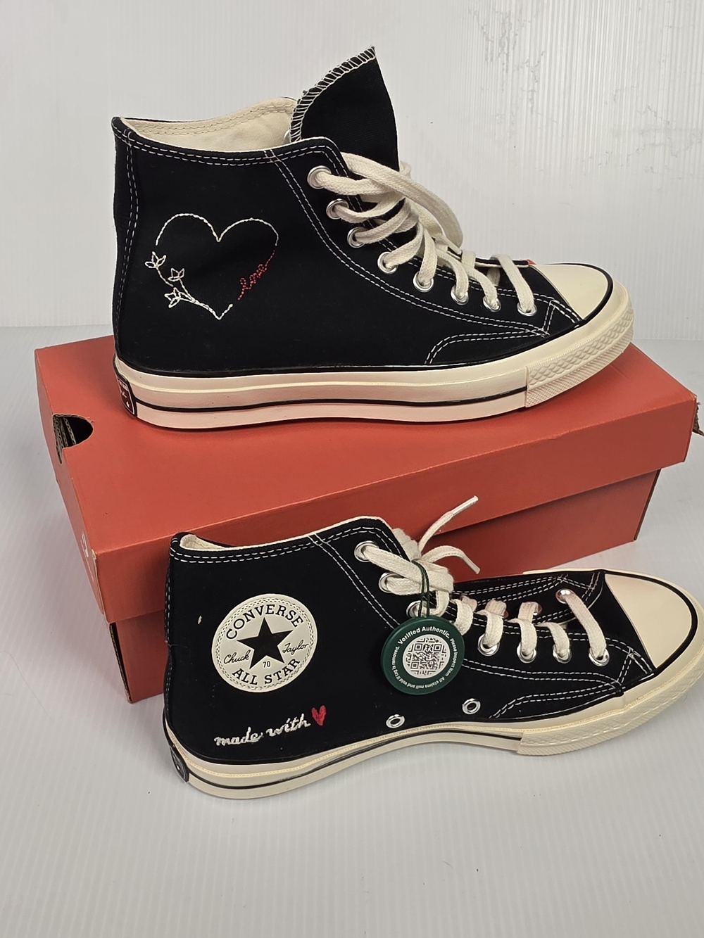 Converse Black Canvas High Top with Red Heart Embroidery